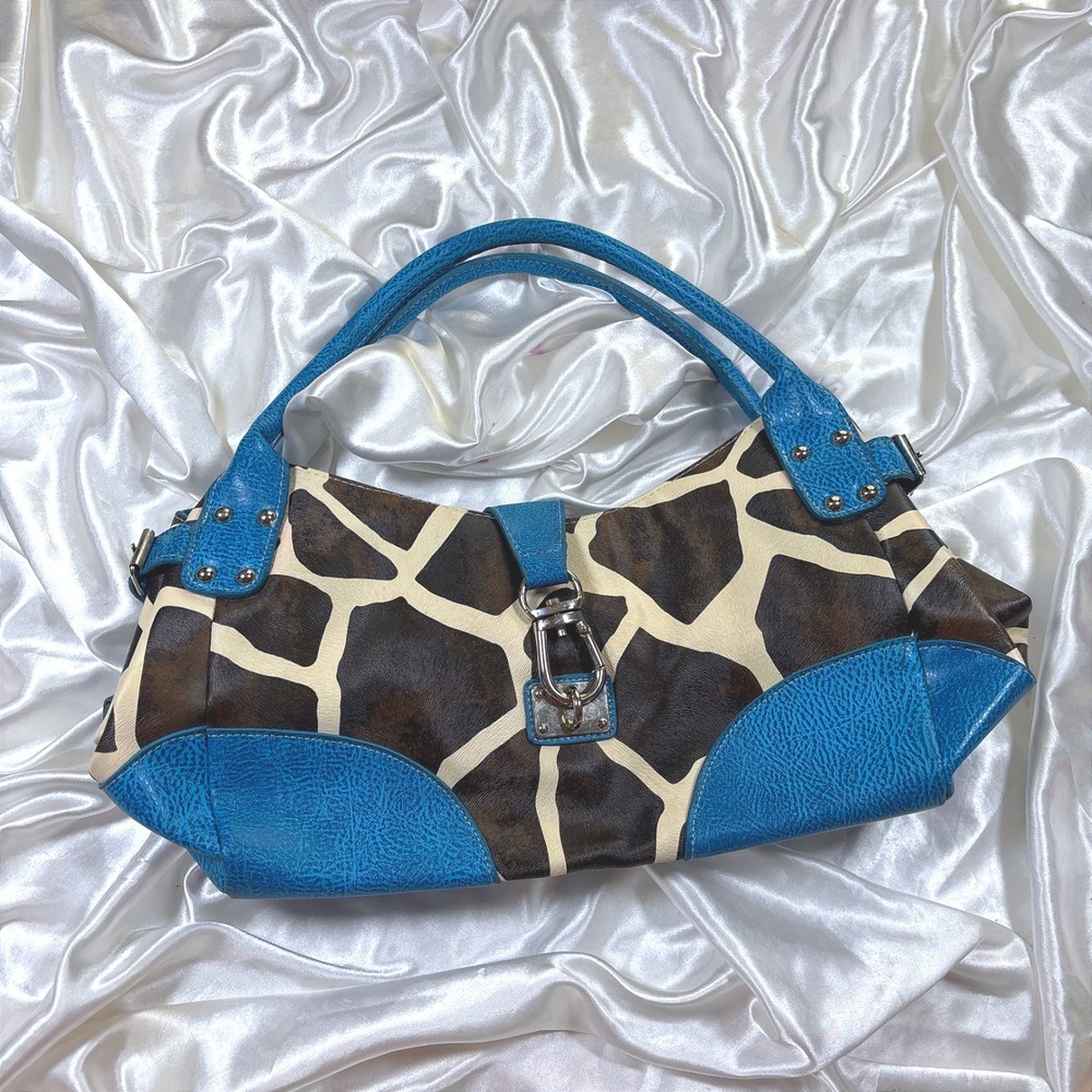 y2k Shoulder Bag Blue Excellent Giraffe Print Animal Satchel Silver Hardware